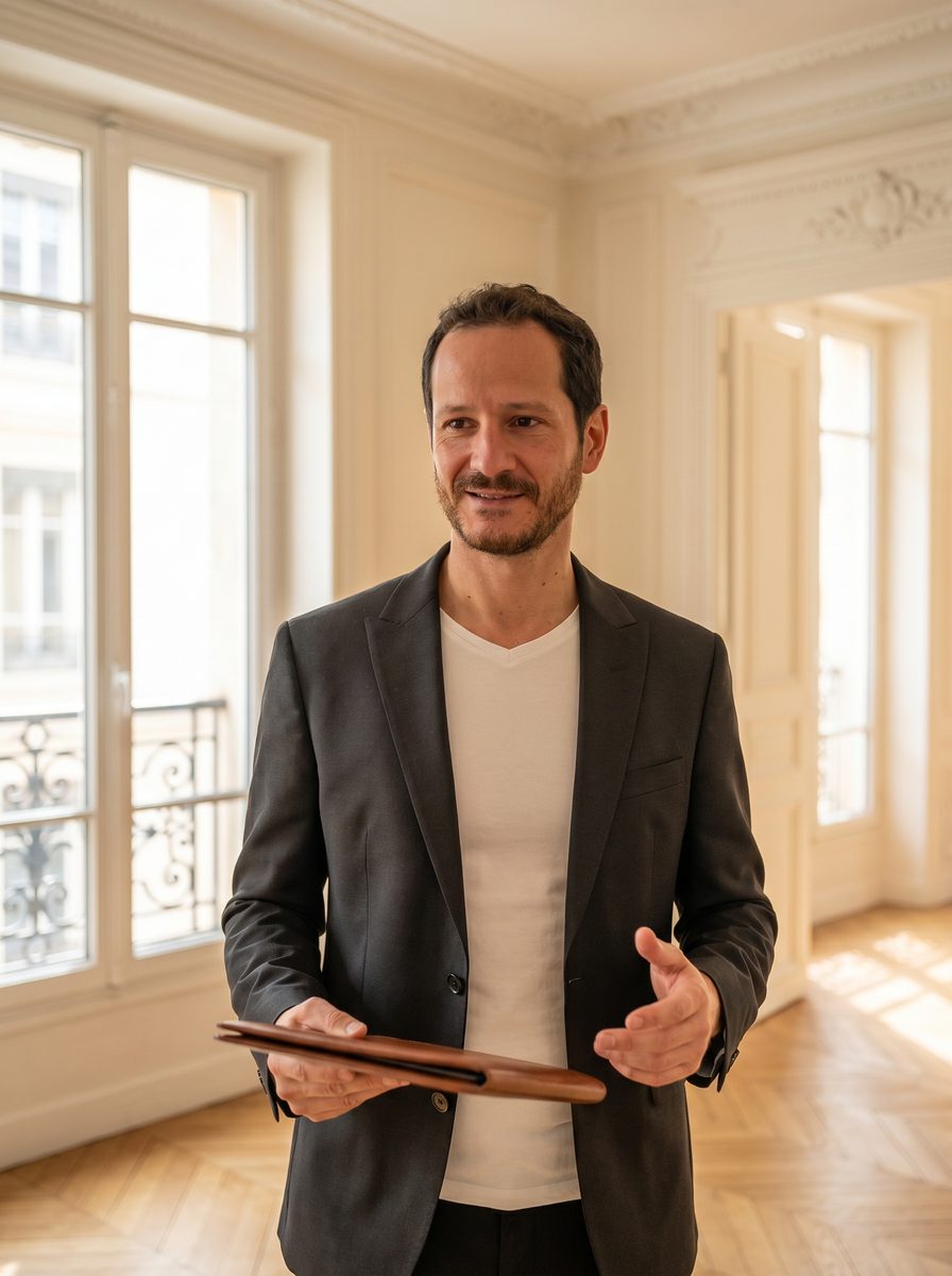 Patrick Almeida, consultant immobilier à Lyon, en visite d'estimation dans un appartement haussmannien lyonnais